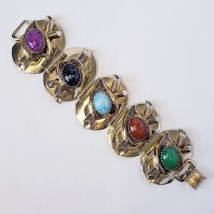 Vintage Signed Marino Wide Gold Tone Panel Stones Bracelet 7” Chunky Statement